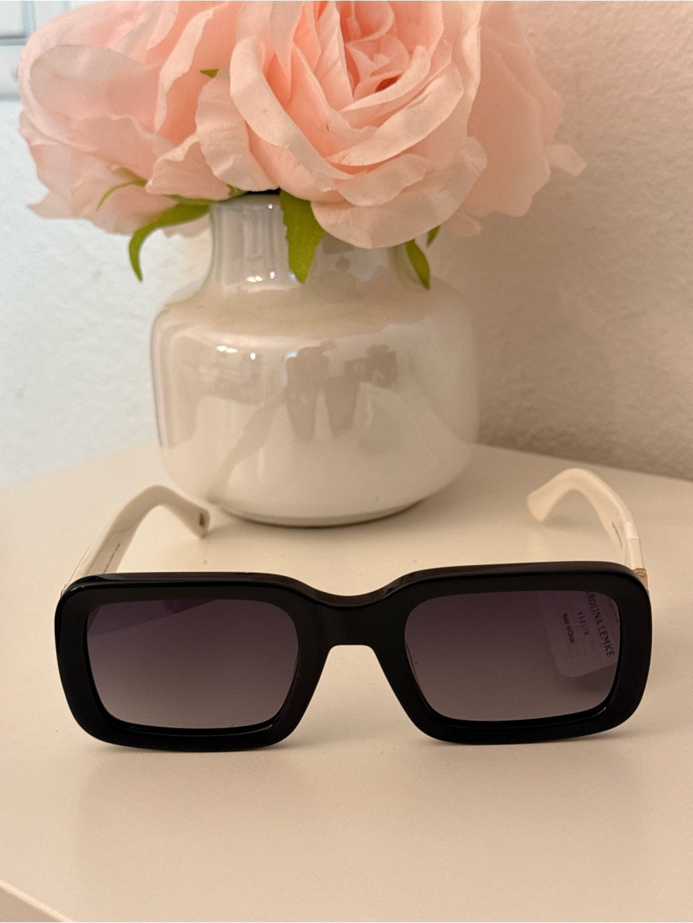 Carolina Lemke Suri Black White Square Sunglasses NWT CL9018-02 Faux Lthr Case